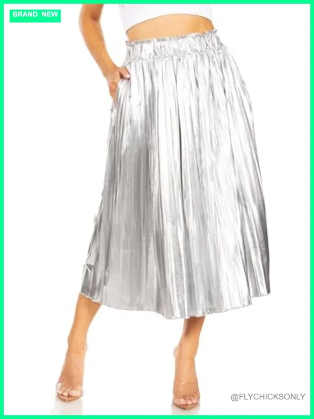 Faux Leather Pleated Midi Skirt with Pockets Elastic High Waist Women